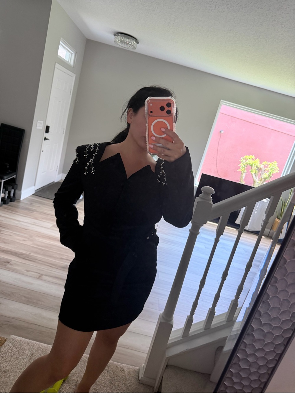 Black Mini Dress with Beaded Shoulder Accents